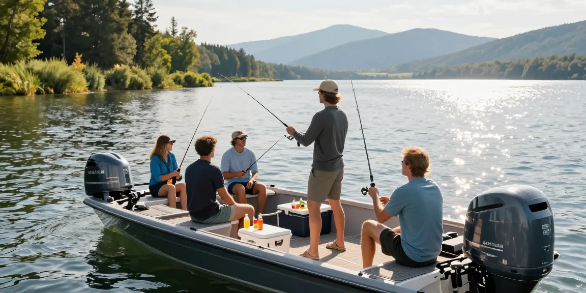 Reliable outboard motor powering a boat filled with friends on a serene lake adventure.