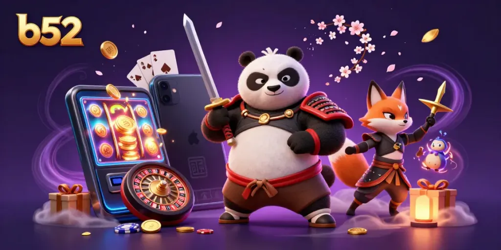 Experience the thrill of b52 gaming with samurai panda and ninja fox amidst casino excitement.
