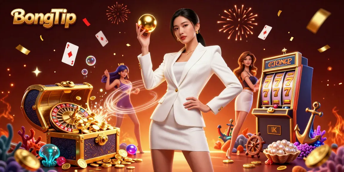 BongTip promotional casino illustration showcasing a confident Asian woman with a roulette ball amidst dynamic gaming elements.
