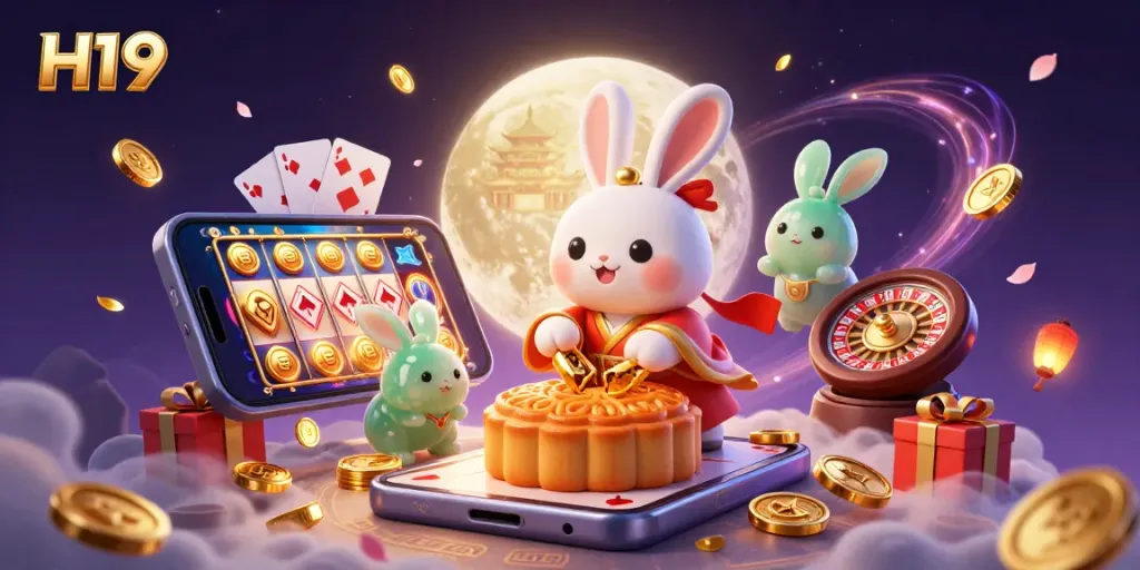 Engage in the thrilling H19 casino experience with our cartoon moon rabbit and exciting gambling elements.