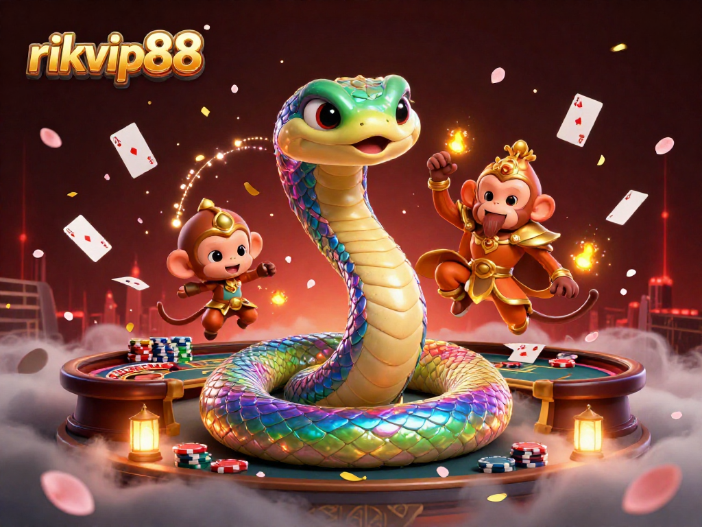 Win big with rikvip88 in this vibrant 3D casino scene featuring lively game elements.
