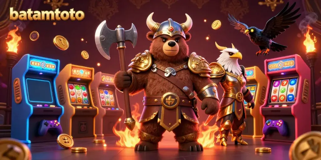 Engage in exciting gaming action with batamtoto, featuring a Viking bear and Valkyrie amidst colorful slot machines and coins.