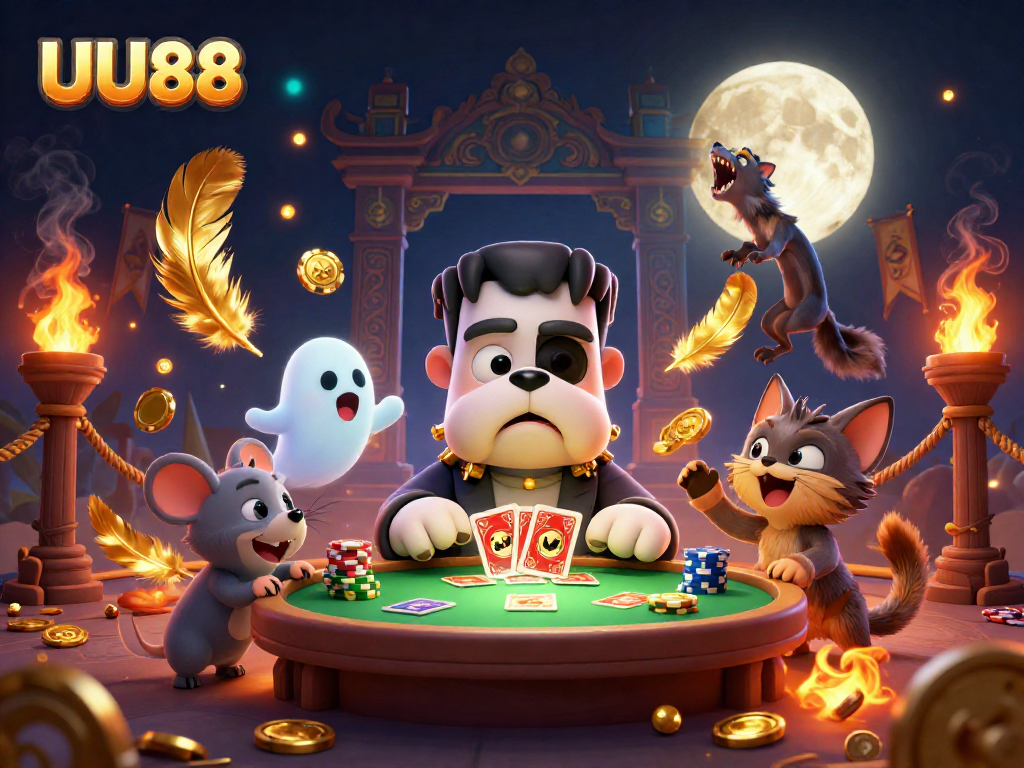 Experience thrilling wins at UU88 with a playful casino scene featuring unique characters and vibrant elements.