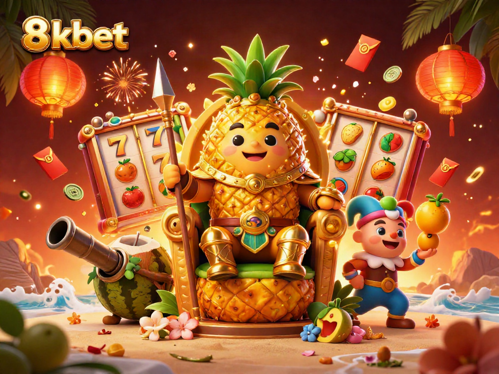 Experience thrilling gameplay with 8kbet, featuring a vibrant 3D casino scene filled with symbols of luck and fortune.