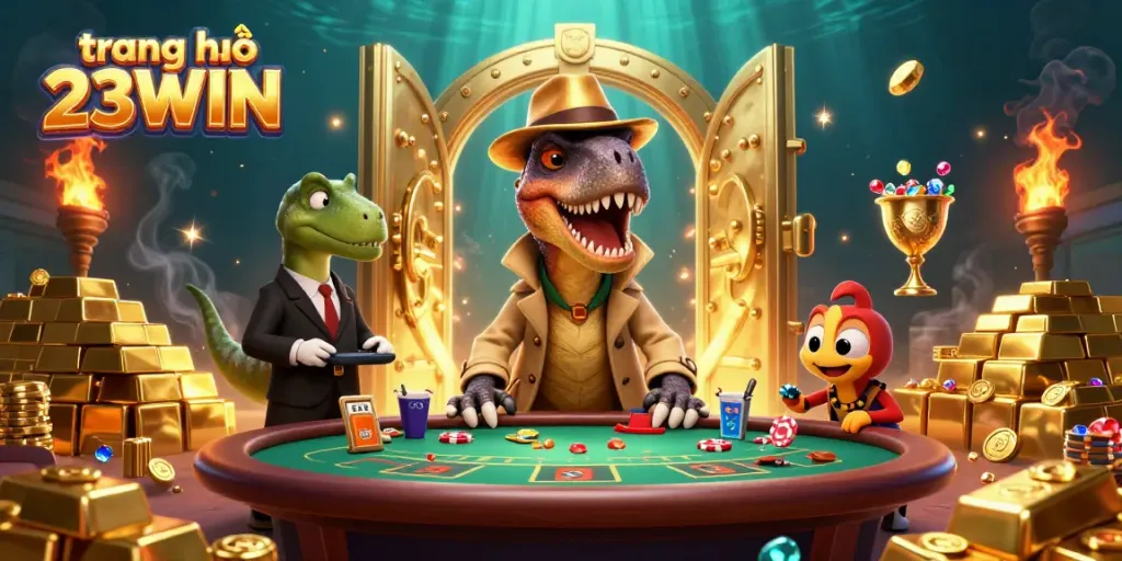 Experience the thrill of gaming at trang chủ 23WIN, featuring vibrant characters in a dynamic casino setting.