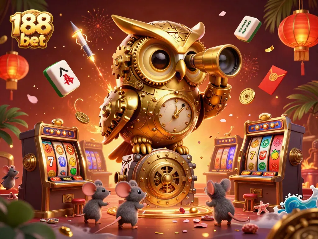 Discover the dynamic world of 188 bet, featuring a golden owl and lively casino elements in a rich illustration.