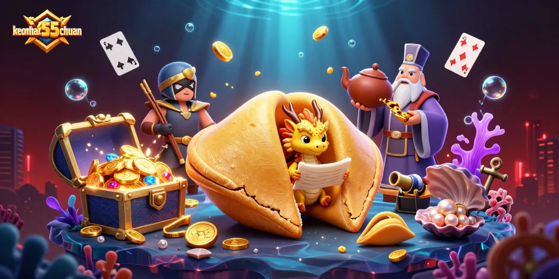 Engage in the vibrant world of keonhacai55chuan with a golden fortune cookie and dragon adventure.