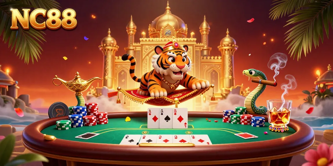 Engage with NC88's vibrant casino scene featuring an Arabian Nights-themed tiger sultan and magical elements.