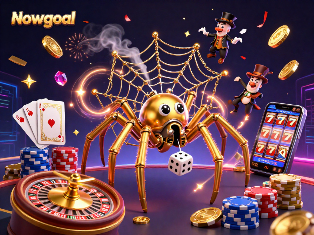 Nowgoal features a 3D steampunk spider and fly gentleman enjoying a dynamic casino scene filled with massive wins.