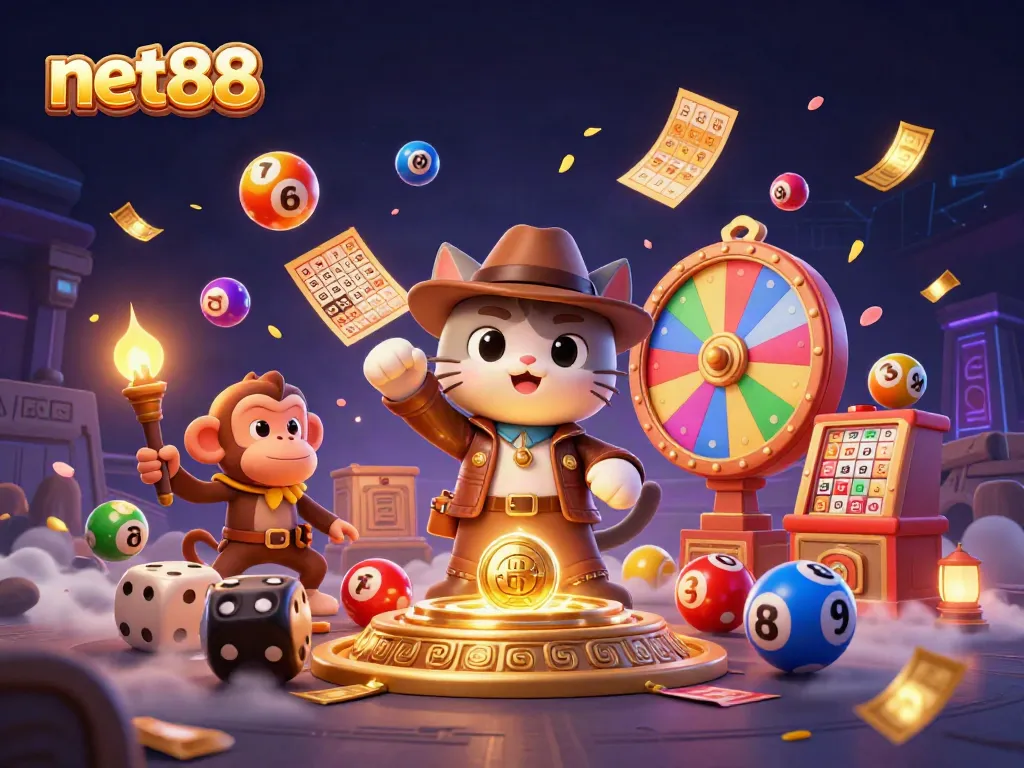 Experience thrilling gameplay at net88 with a vibrant casino adventure featuring a cartoon archaeologist cat discovering treasures.