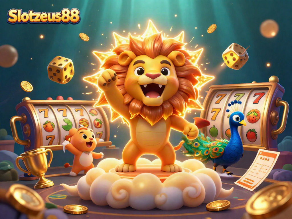 Experience the thrill of Slotzeus88 with this vibrant 3D casino illustration featuring dynamic gaming elements.