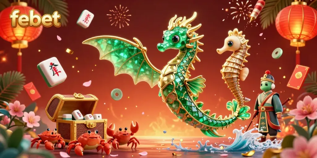 Experience thrilling excitement at febet with a vibrant casino-themed illustration showcasing a 3D sea dragon and treasure.