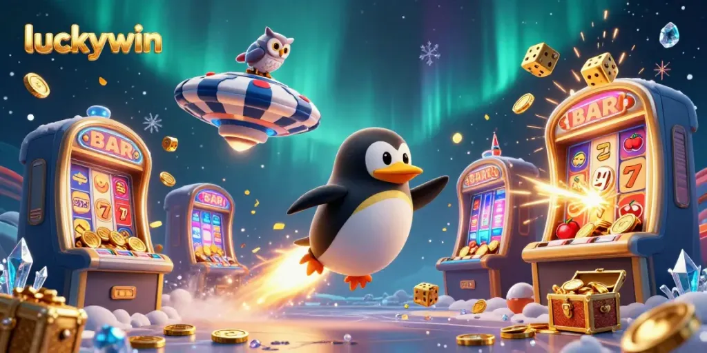 Experience thrilling moments with luckywin as a golden penguin blasts through space toward a jackpot in a vibrant casino scene.