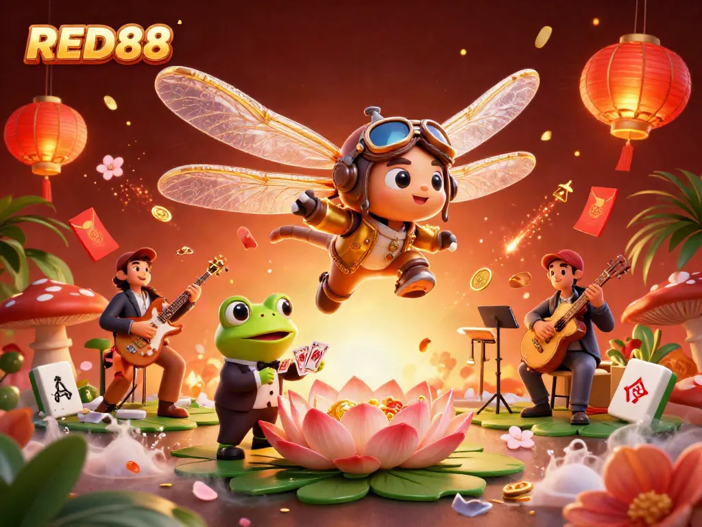 Engage with the vibrancy of RED88, featuring a lively casino scene with a dragonfly pilot and frog dealer.