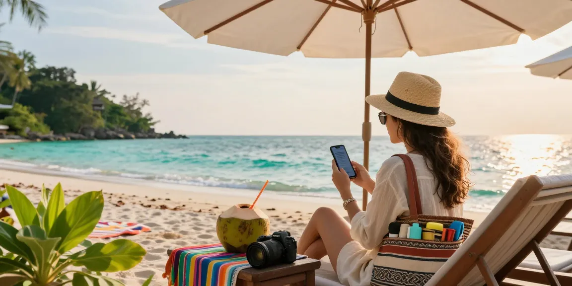 Relaxing traveler checking Thailand Transfers options at a tropical beach resort with stunning views.