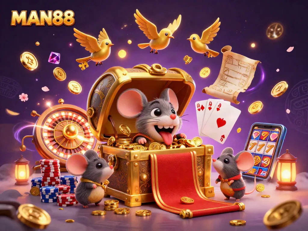 Experience thrilling gameplay with MAN88 as the golden treasure chest beckons fortune with cascading coins and vibrant casino elements.