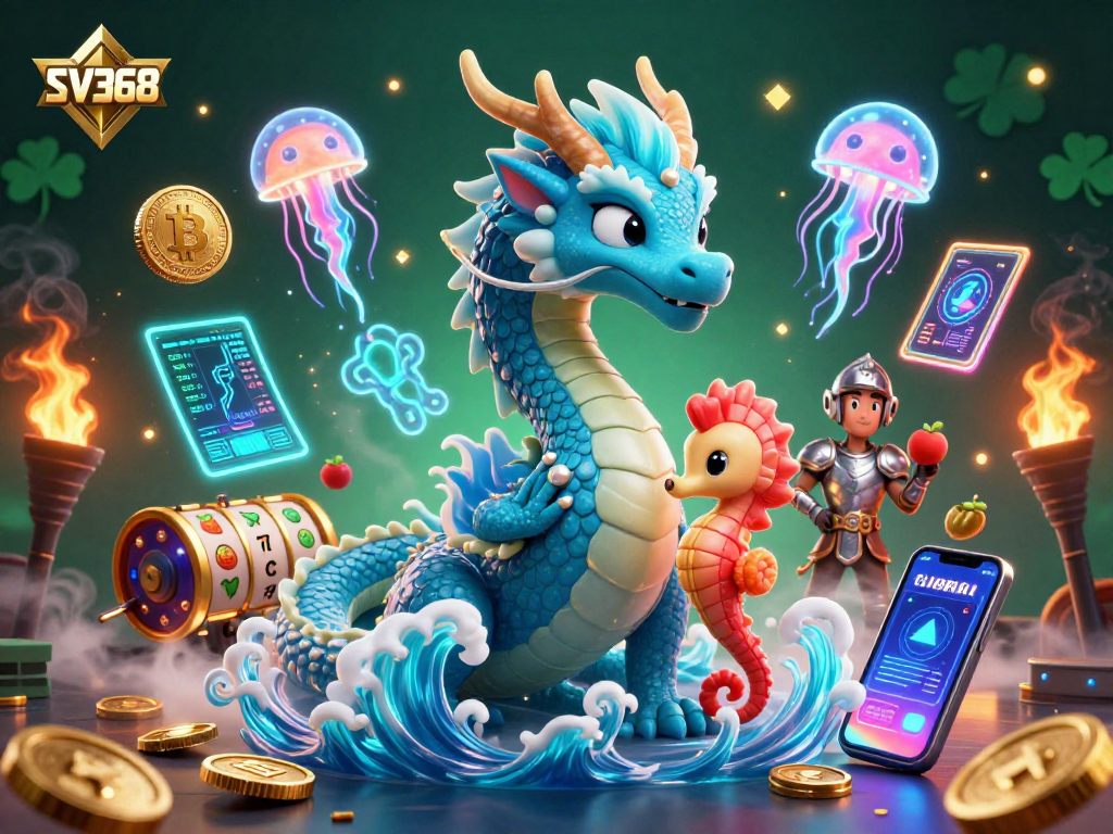 Engage with SV368's vibrant casino scene featuring a dragon, knight, and crypto coins.