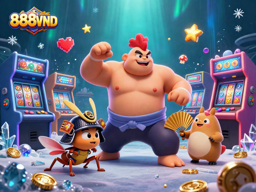 Experience the excitement of 888VND with colorful arcade elements and lively characters.