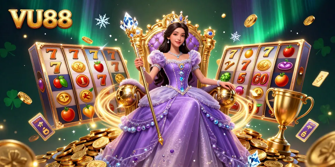 Experience the excitement of VU88 with dynamic slot elements and a royal theme in this engaging casino illustration.