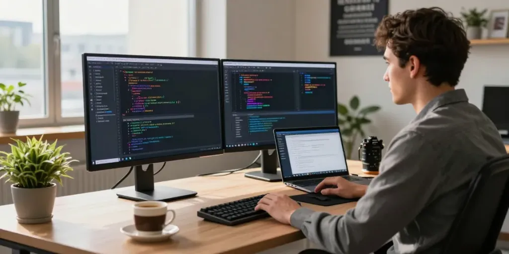 Tech workspace at https://piteas.trade with developer coding, dual monitors, and coffee.