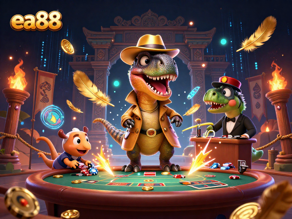 Experience thrilling moments at ea88 with a velociraptor card counter at a blackjack table amidst dynamic casino elements.