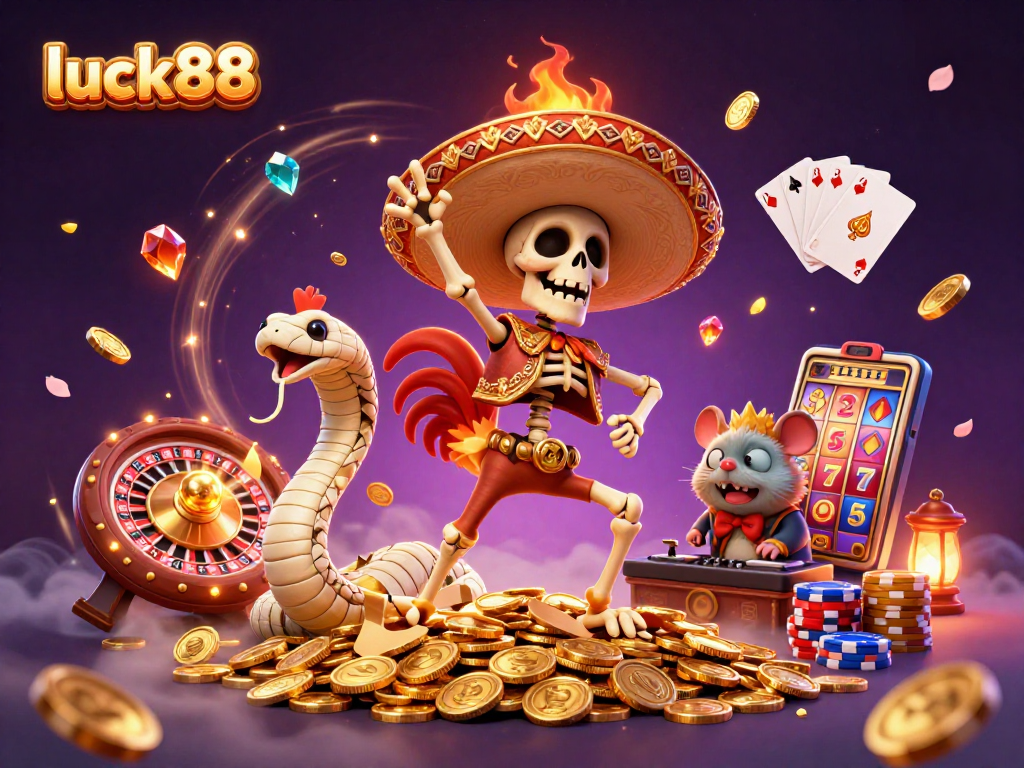Join the excitement with luck88 as the mariachi rooster and friends celebrate wins amidst floating gold and gems.