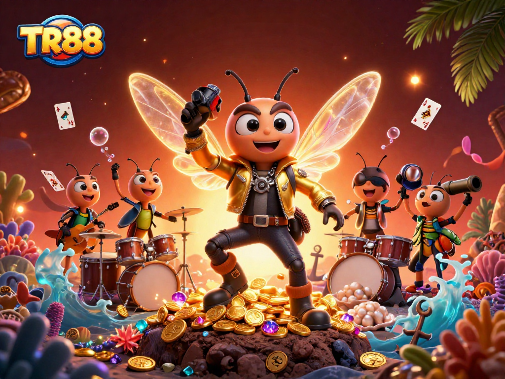 TR88 players enjoying the vibrant casino environment with a fun rock star theme, showcasing excitement and winning opportunities.