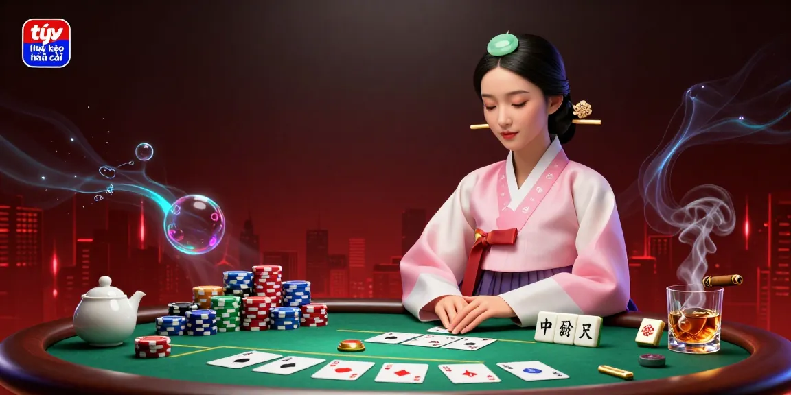 Experience the dynamic action of tỷ lệ kèo nhà cái with a seated lady in traditional attire amidst vibrant poker elements.