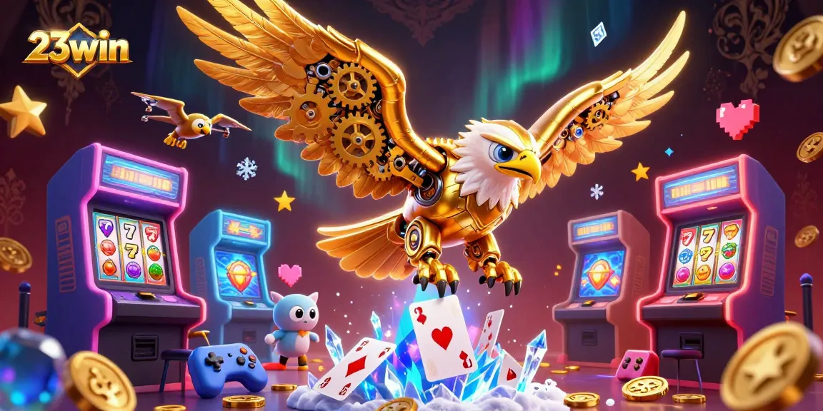 Experience the thrill of 23win with an epic 3D casino scene showcasing vibrant gaming elements and characters.