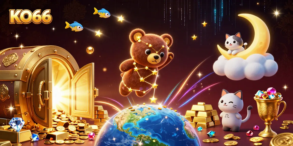 KO66's vibrant illustration showcases golden coins and treasures from a stellar casino universe with engaging characters.