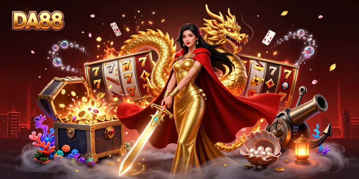 Experience the thrill of winning with DA88 in a vibrant casino scene filled with slot reels and treasures.