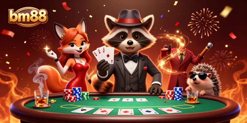 Experience the thrill of bm88 with a suave raccoon and his companions celebrating a royal flush at a vibrant casino.