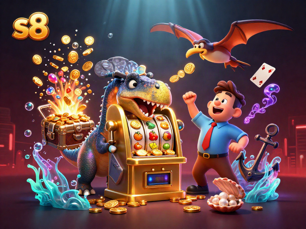 s8 slot machine scene with a dino jackpot adventure and floating cards amidst gold coins