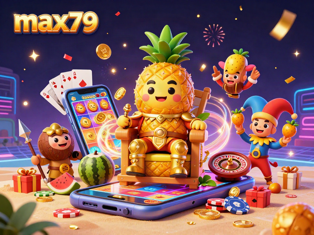 Engage with max79’s colorful slot game featuring a lively beach casino with a golden pineapple king and festive elements.