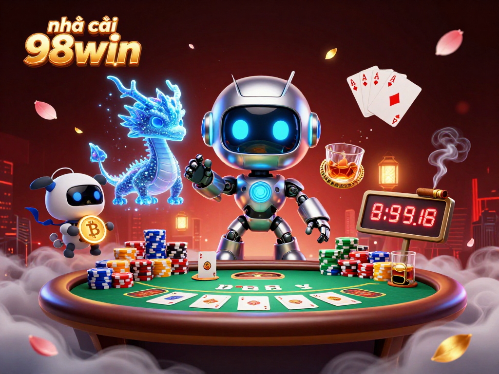 Engage with thrilling games at nhà cái 98win featuring a vibrant casino scene with poker elements.