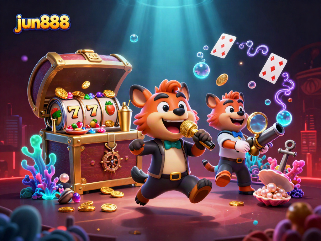 Experience the excitement of jun888 casino with hyenas at a comedy club amidst colorful slots and underwater treasures.