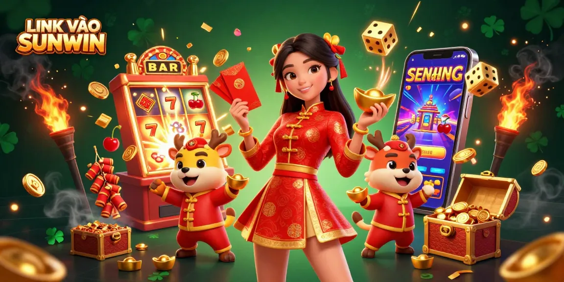 Experience excitement with LINK VÀO SUNWIN showcasing vibrant casino elements and festive characters.