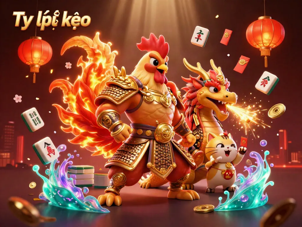 Engage with Tỷ lệ kèo through a dynamic illustration featuring fierce characters and rich casino elements.