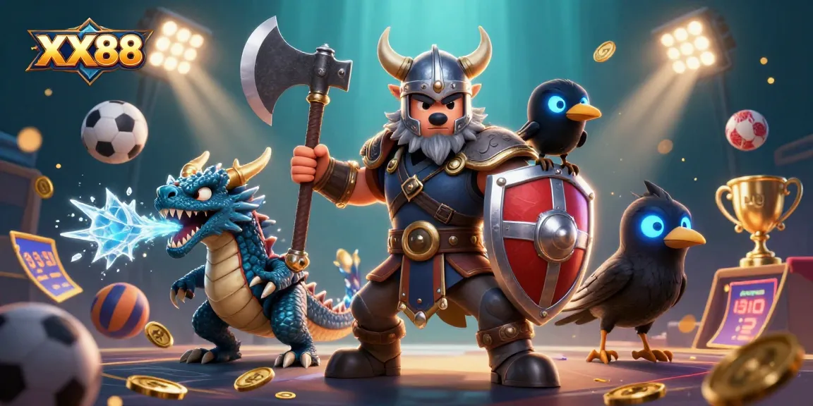 Experience thrilling gaming with XX88, illustrated by a Viking warrior, fierce dragon, and dynamic sports elements.