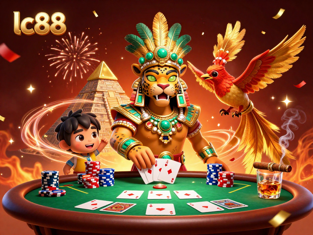 Experience thrilling wins at lc88 with an action-packed casino scene full of excitement and vibrant colors.