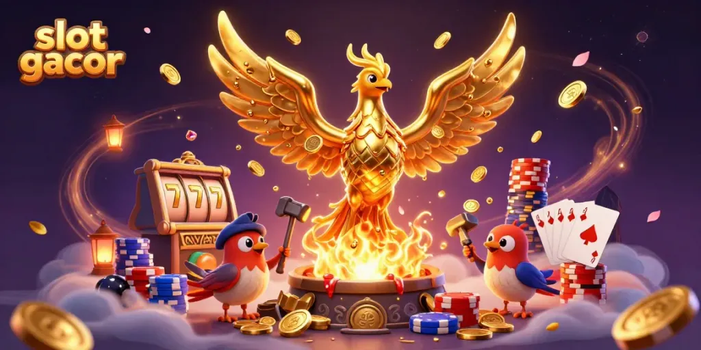 Menangkan slot gacor dengan ilustrasi luar biasa dari phoenix emas dan uang koin.