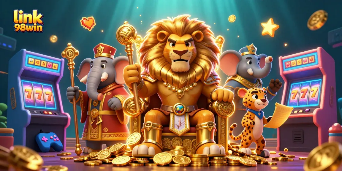 Experience the thrill of link 98win as a fierce lion king rules the casino realm, surrounded by treasures.