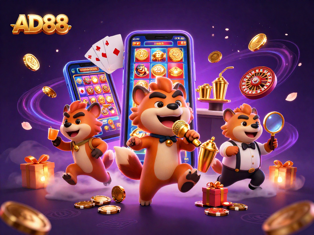AD88 brings excitement with hyenas in a vibrant casino scene featuring slots and roulette.