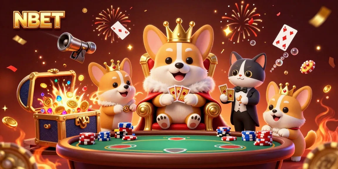 Play poker with NBET at a vibrant casino scene featuring a royal corgi and exciting game elements.