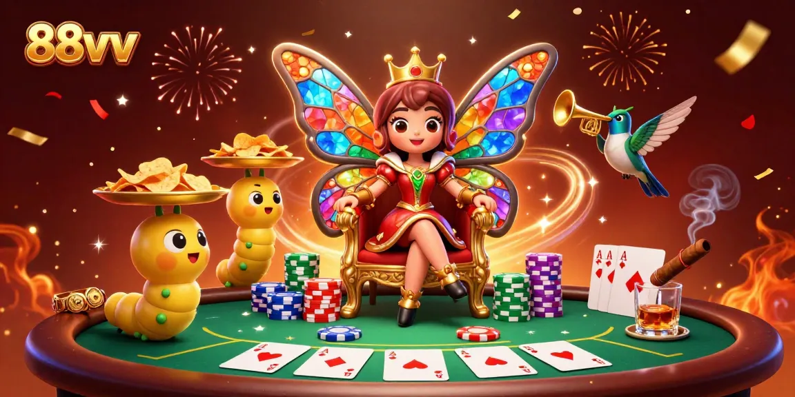 Engage in vibrant gameplay at 88vv with colorful casino characters and poker elements.