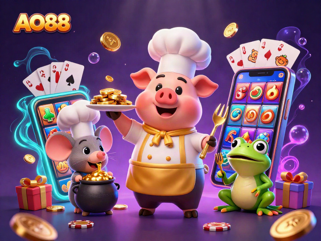 Engage with AO88's exciting gaming experience as a chef pig serves gold coins in a vibrant casino scene.