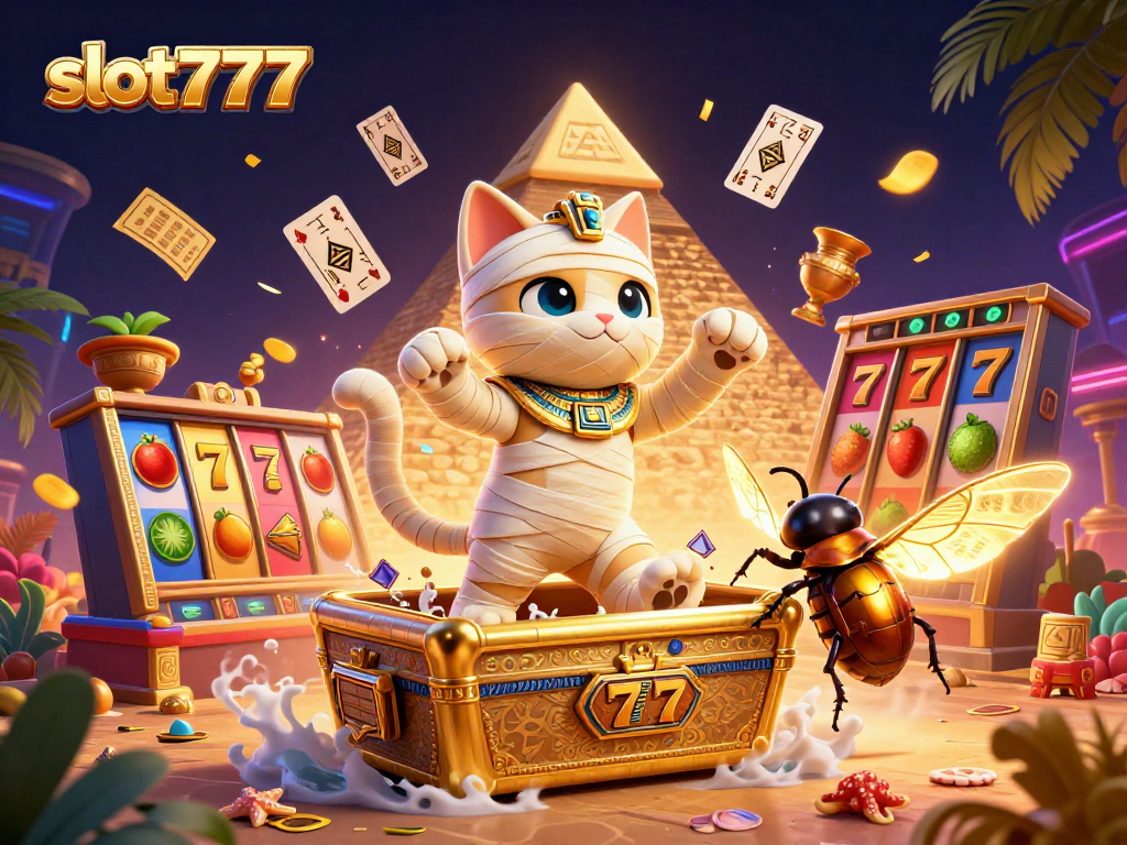 Engage with slot777's vibrant casino scene featuring a mummy cat and dynamic gaming elements.