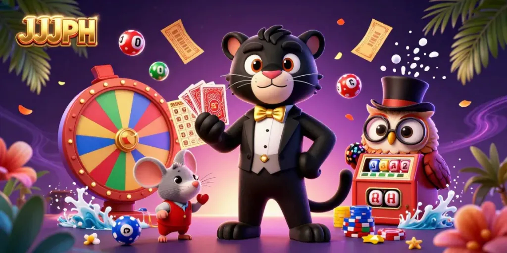 Engage in thrilling games at JJJPH with a stylish panther dealing cards alongside whimsical characters, showcasing vibrant casino elements.