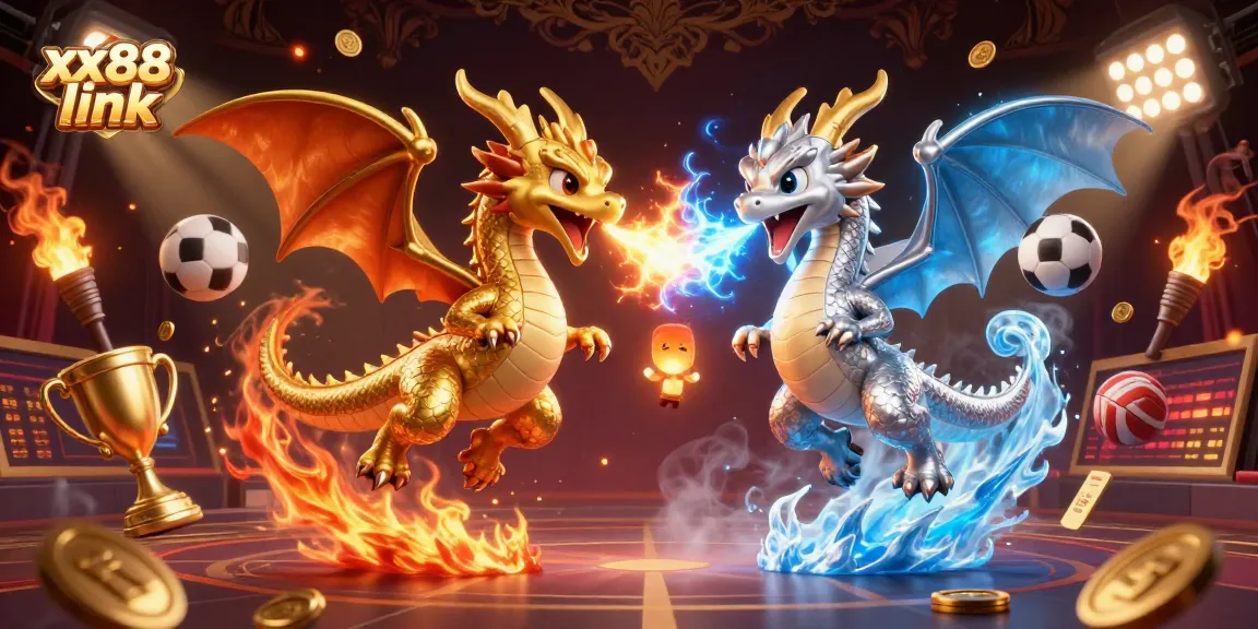 Engage with the thrilling xx88 link as gold and silver dragons soar amidst sports elements.