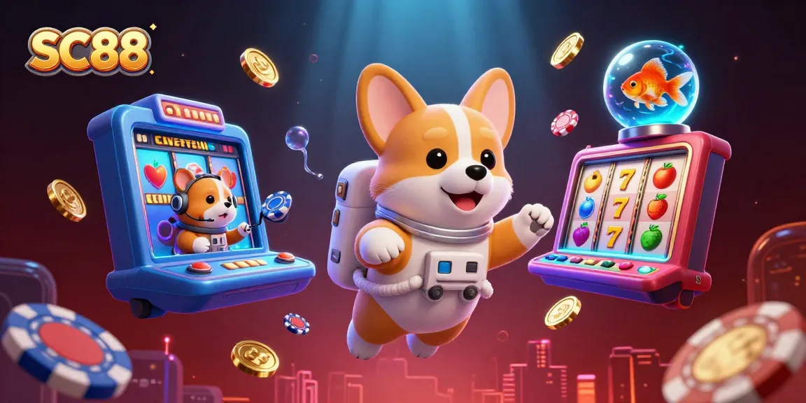 Experience fun with SC88 in a vibrant casino scene featuring animated characters and dynamic gambling elements.